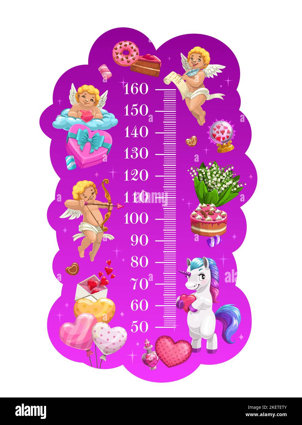 Kids height chart of Cupids, unicorn and sweets, vector growth meter ruler scale. Cartoon