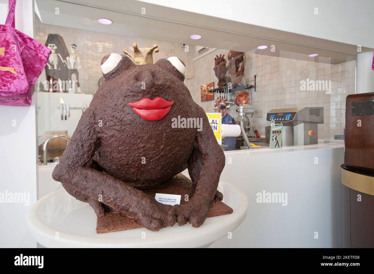 Chocolate frog sculpture on display in the famous 'The Chocolate Line' store, Antwerp (Flanders), Belgium Stock Photo