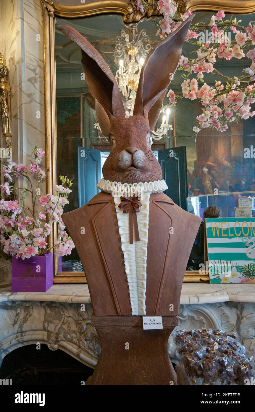 Chocolate rabbit sculpture on display in the famous 'The Chocolate Line' store, Antwerp (Flanders), Belgium Stock Photo