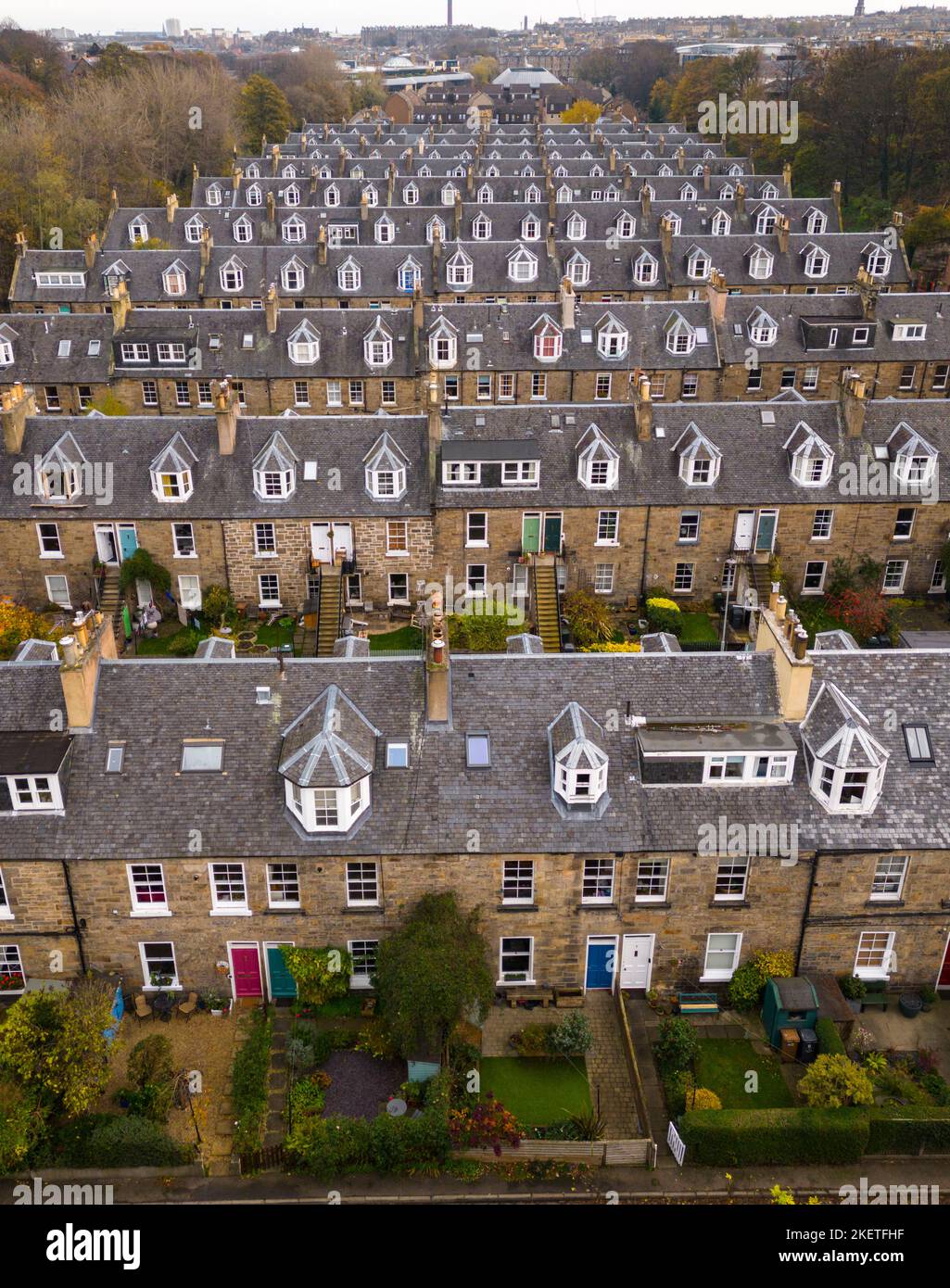 Aerial view of rows of terraced colony houses at  Stockbridge, Edinburgh, Scotland, UK Stock Photo