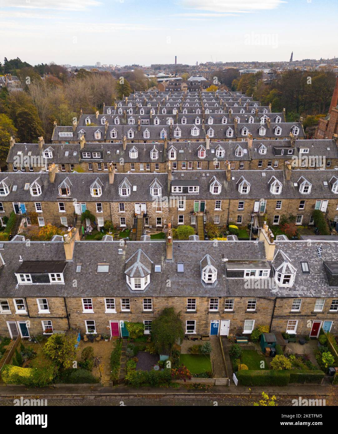 Aerial view of rows of terraced colony houses at Stockbridge, Edinburgh