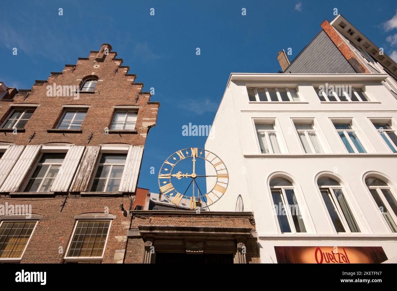 Traditional architecture and clock in Lijnwaadmarkt, Antwerp (Flanders), Belgium Stock Photo