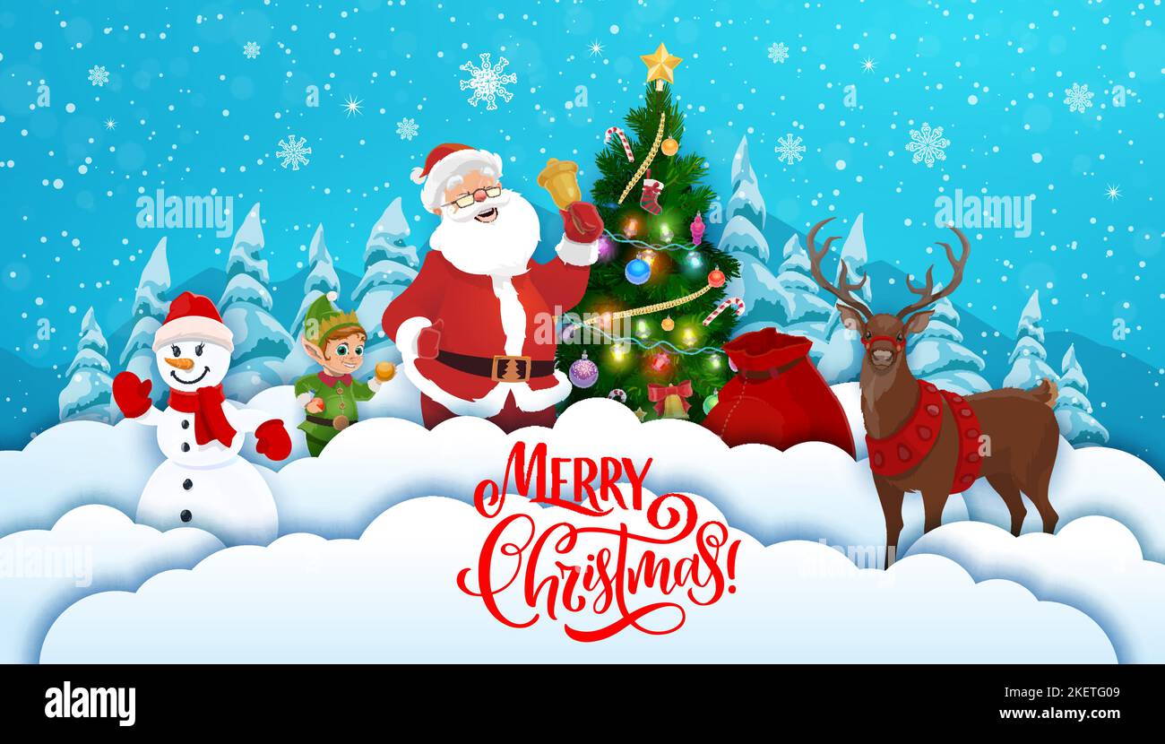 Christmas paper cut, cartoon characters at holiday pine tree, Santa and ...