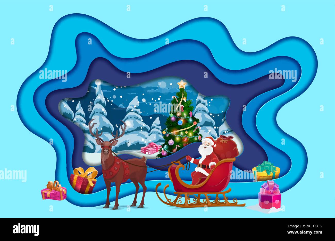 Christmas paper cut with Santa in sleigh, holiday tree and Xmas gifts ...