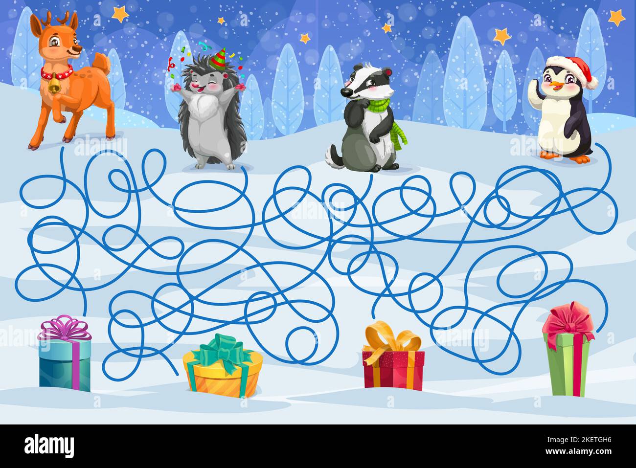 Christmas kids game labyrinth maze or winter holiday quiz, vector worksheet. Reindeer, penguin 