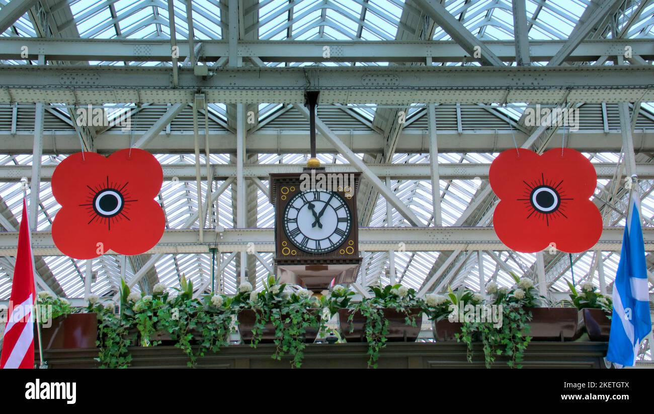 giant red poppies suspended from the roof of central railway station for armistice and remembrance Sunday Stock Photo