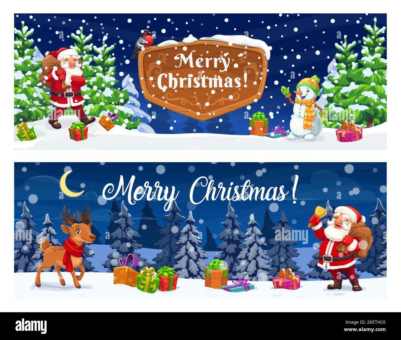 Christmas banners cartoon santa and deer in snowy holiday forest. Vector horizontal cards with funny father Noel, reindeer and snowman in night wood with spruces and snowfall. Greeting cards for xmas Stock Vector