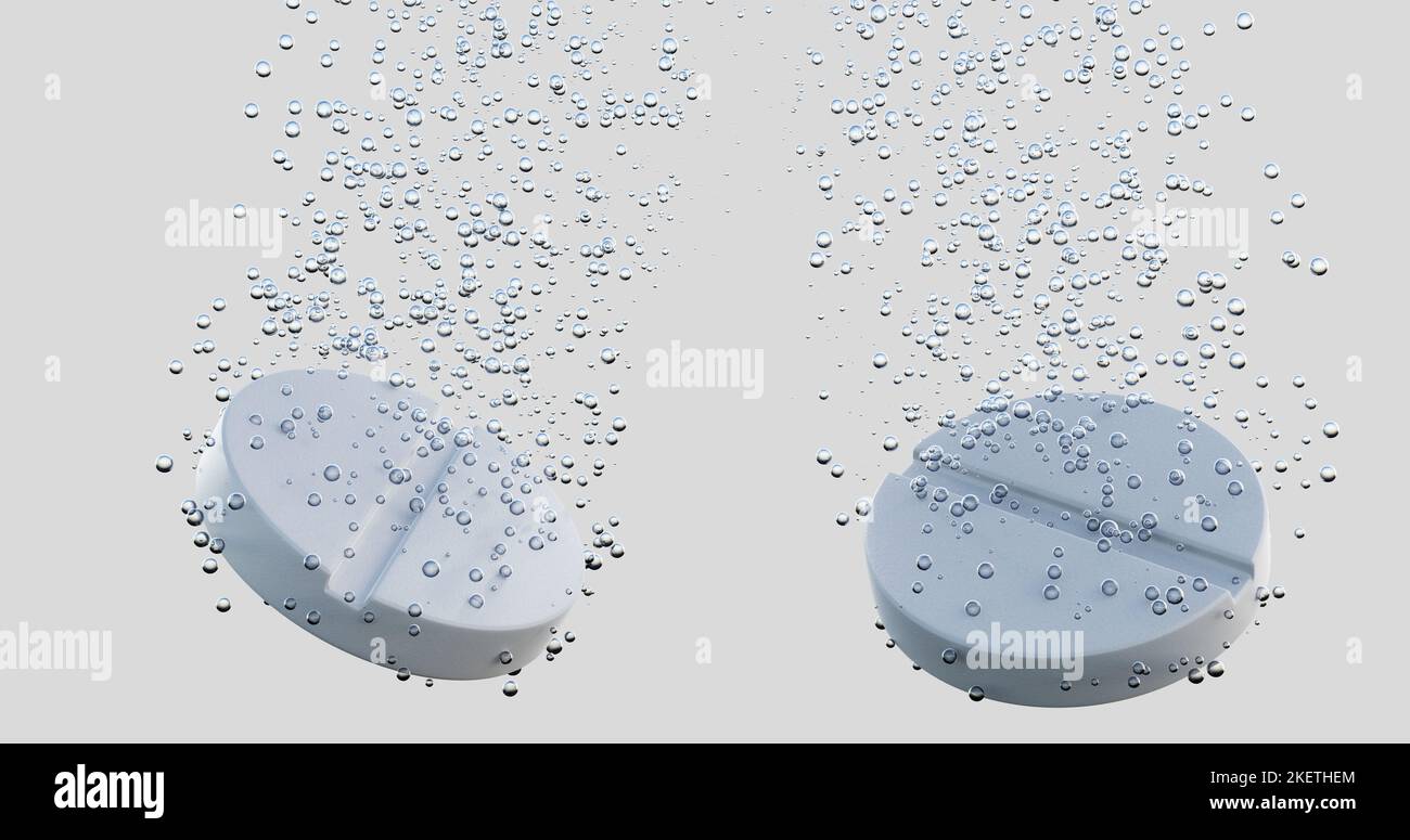 Two effervescent pills dissolve in water releasing bubbles. 3D