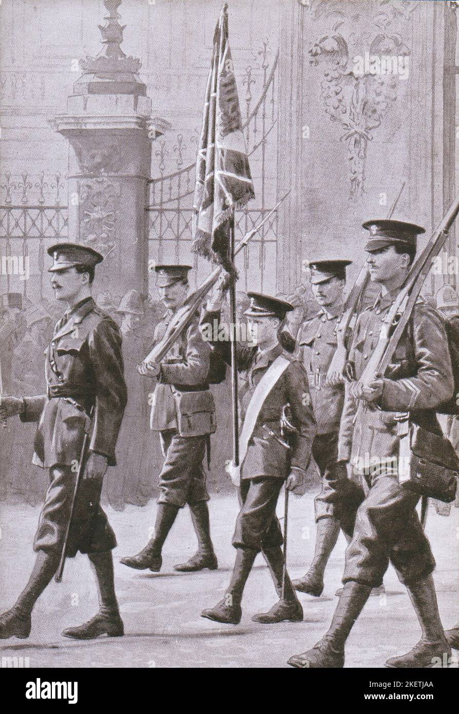 The Prince of Wales carrying the colors of the Guards in 1914. Stock Photo