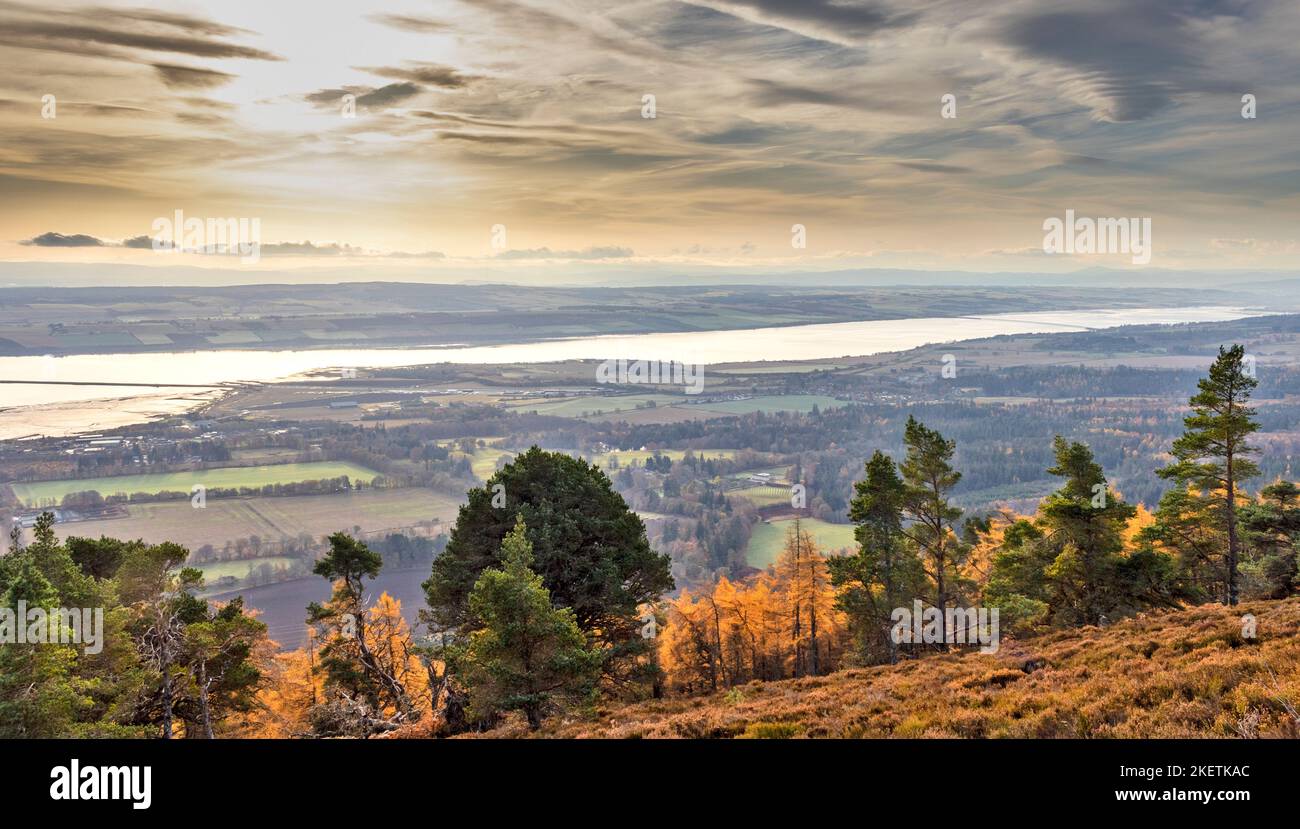 Fyrish Monument Alness Scotland view across the Cromarty Firth towards the Cromarty Bridge in autumn Stock Photo