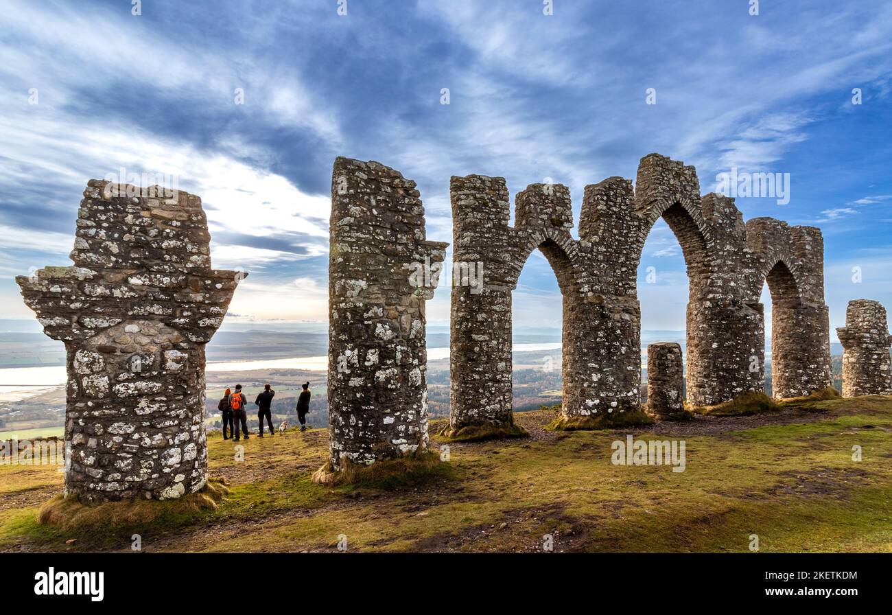 Fyrish Monument Alness Scotland with people and a scenic view over the Cromarty Firth Stock Photo