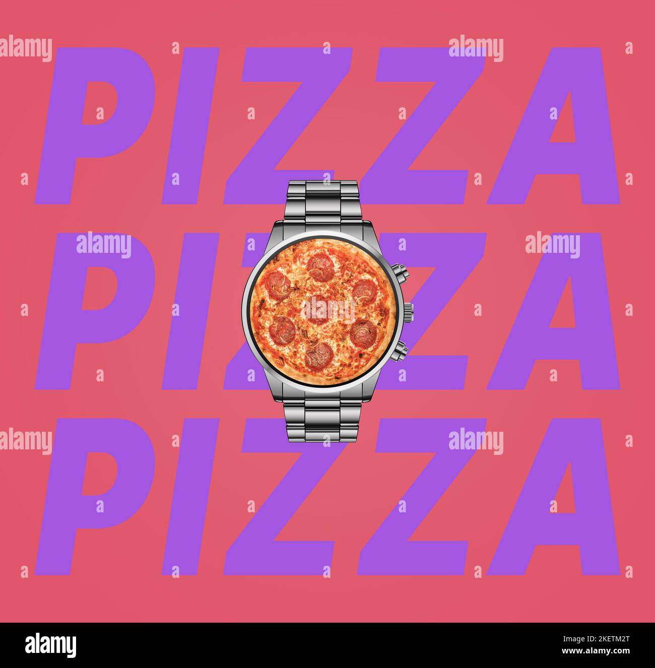 Contemporary art collage. Watch and pizza. Pizza time. Pizza day
