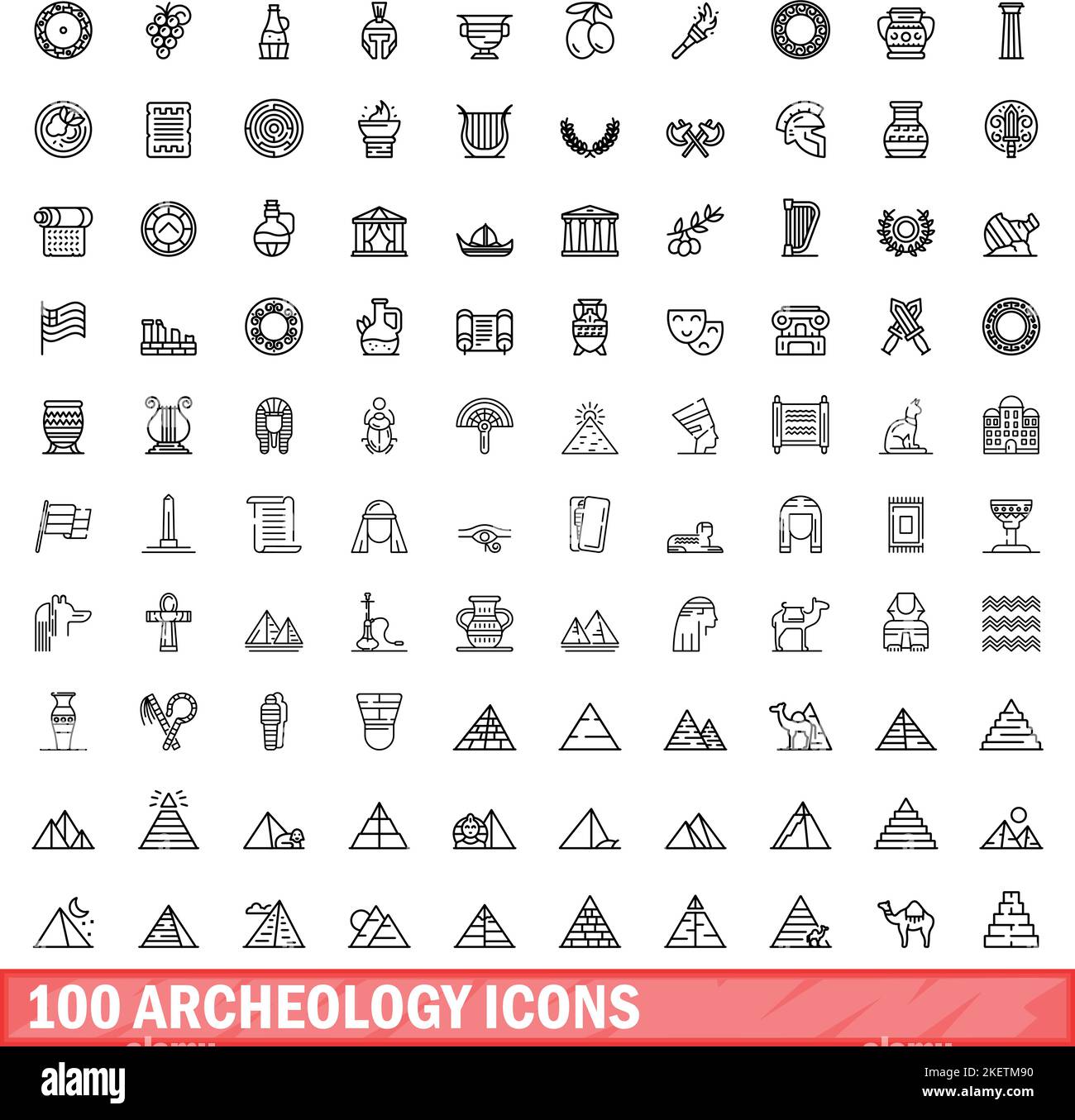 100 archeology icons set. Outline illustration of 100 archeology icons vector set isolated on
