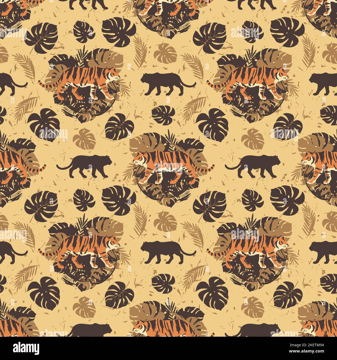 Tigers and tropical leaves. Seamless pattern. Stock Vector