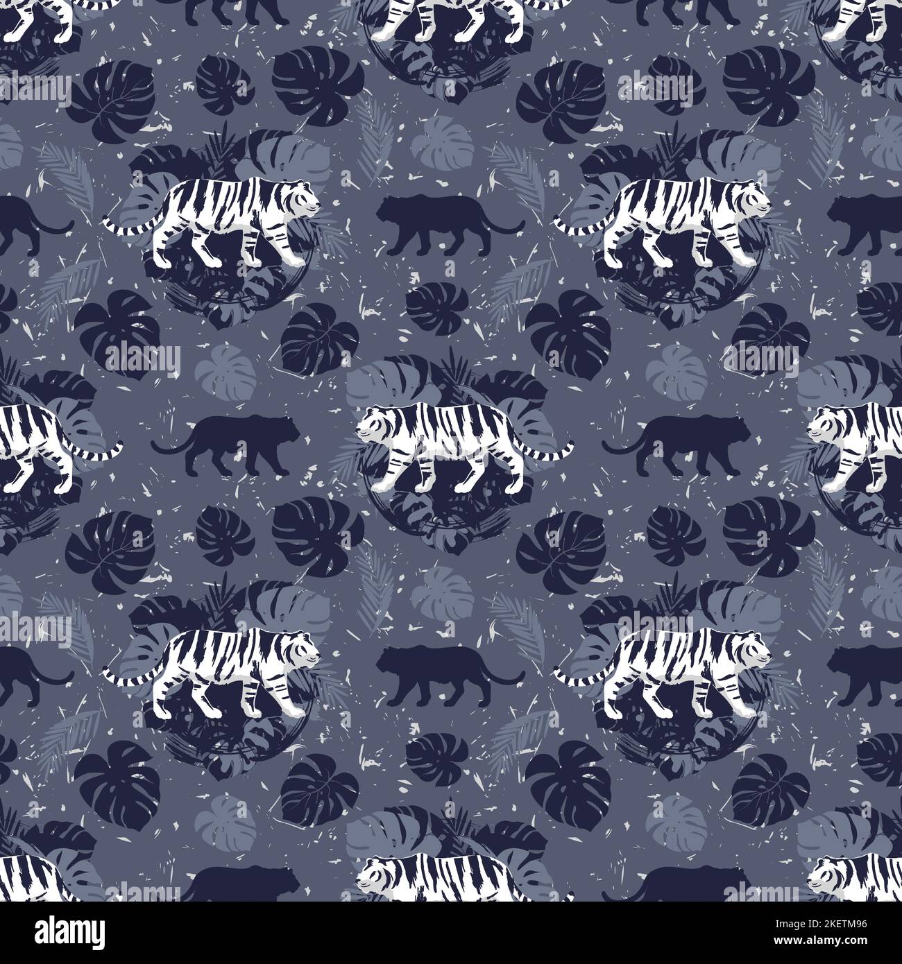 Tigers and tropical leaves. Seamless pattern. Stock Vector