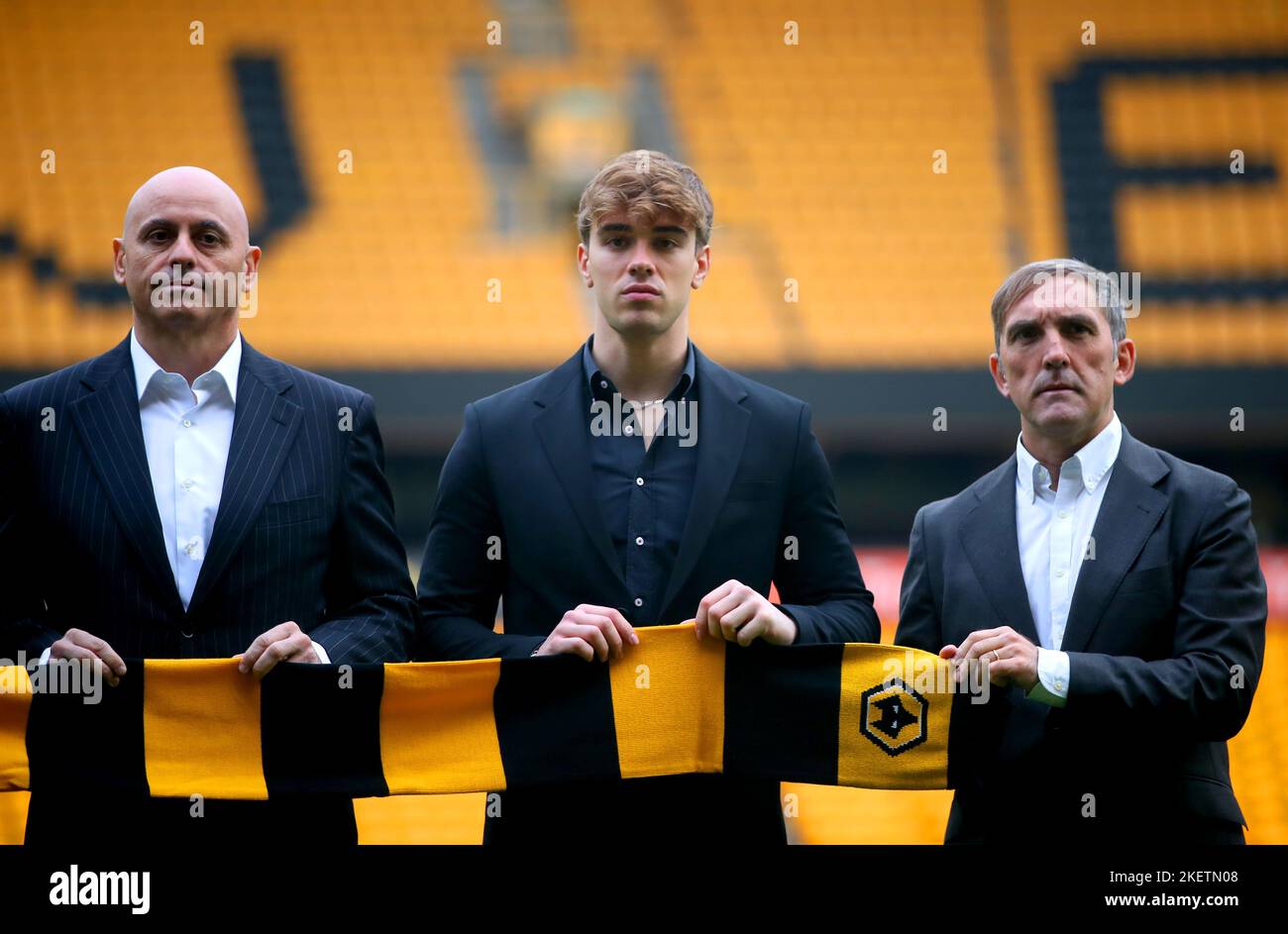 Wolverhampton Wanderers coaching staff Juan Peinado (left) poses for a photo on the pitch after a press conference at the Molineux Stadium, Wolverhampton. Picture date: Monday November 14, 2022. Stock Photo