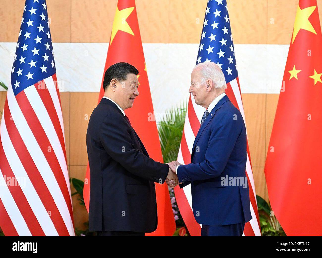 Bali, Indonesia. 14th Nov, 2022. US President Joe Biden (R) and China's President Xi Jinping (L) shake hands as they meet on the sidelines of the G20 Summit in Nusa Dua on the Indonesian resort island of Bali on Monday on November 14, 2022. Photo by Chinese Foreign Ministry Press Office/UPI Credit: UPI/Alamy Live News Stock Photo
