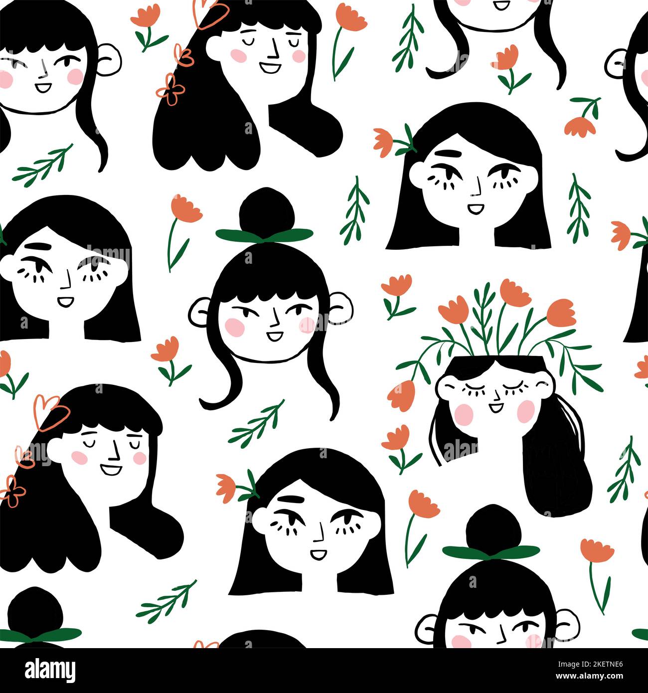 Beautiful pattern with a girl in flowers. Vector seamless texture. Vector illustration Stock Vector