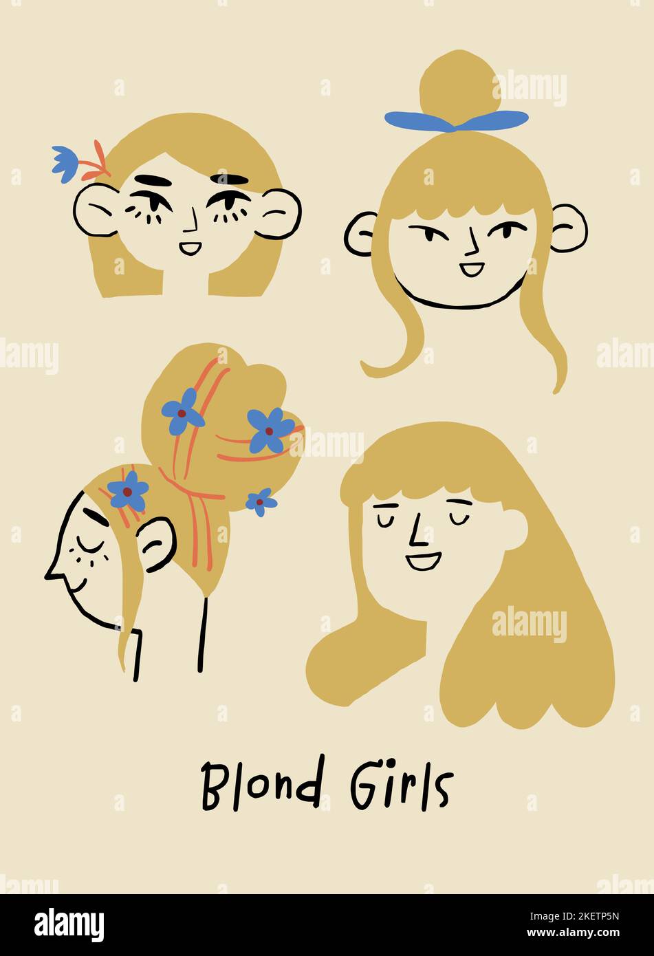 romantic girls with blond hair. Romantic girls poster. Girls doodle posters. . Vector illustration Stock Vector