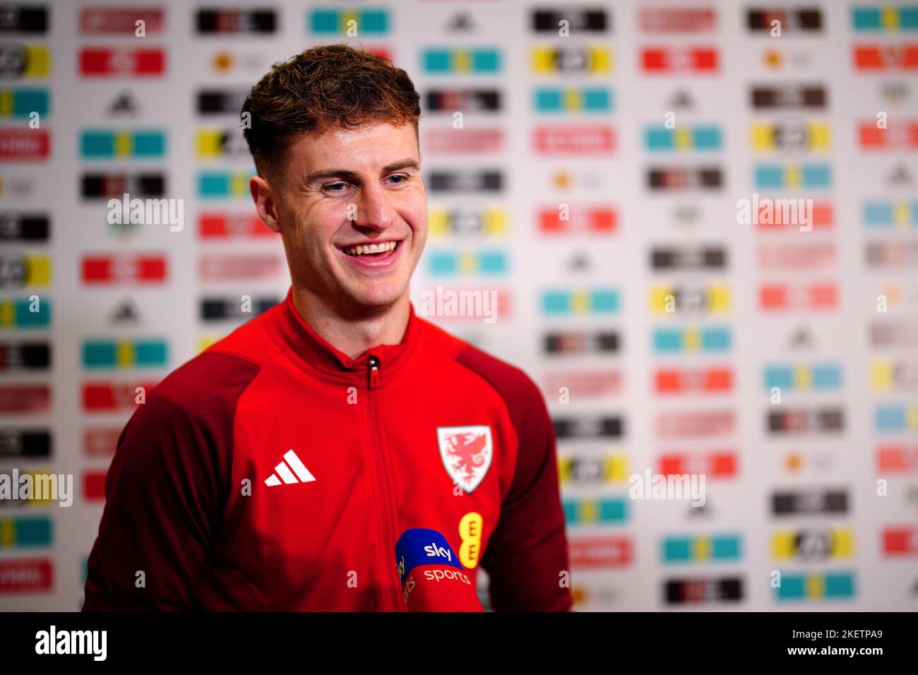 Wales' Joe Rodon is interviewed during a media session at the Vale Resort, Hensol. Picture date: Monday November 14, 2022. Stock Photo