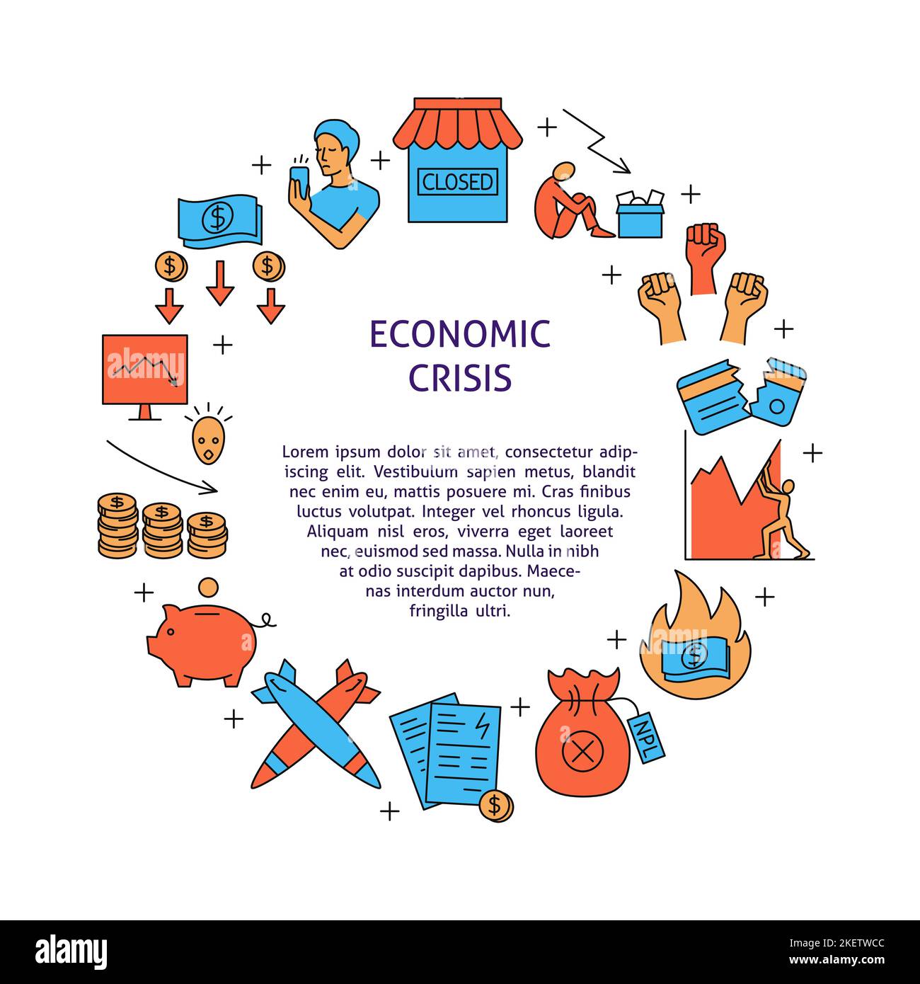 Economic crisis banner with text in round frame. Economics problems and financial crash. Vector