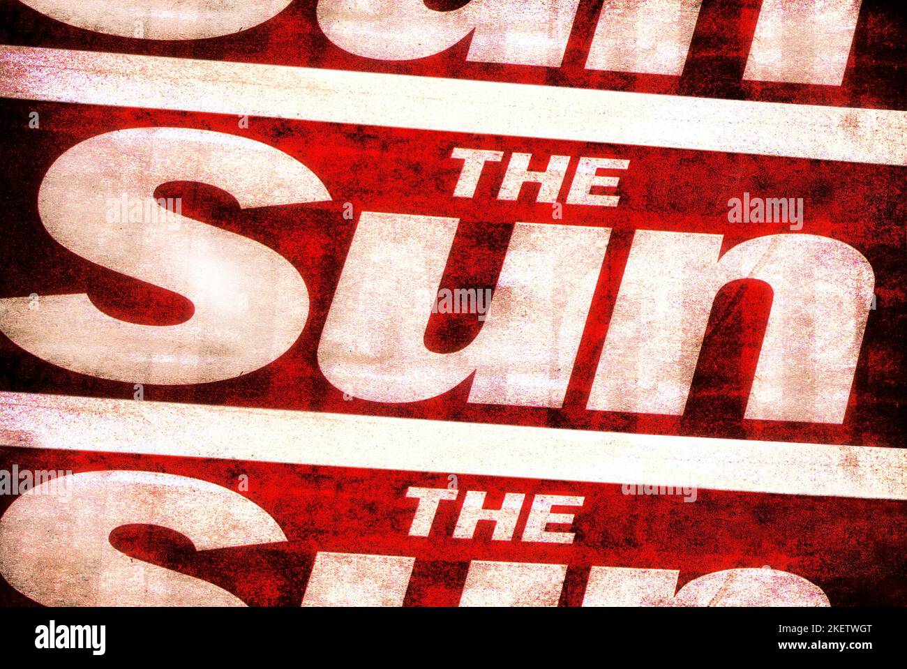 Masthead of The Sun Newspaper, controversial UK tabloid part of the Rupert Murdoch News Corp group. Grainy poster type effect. Stock Photo