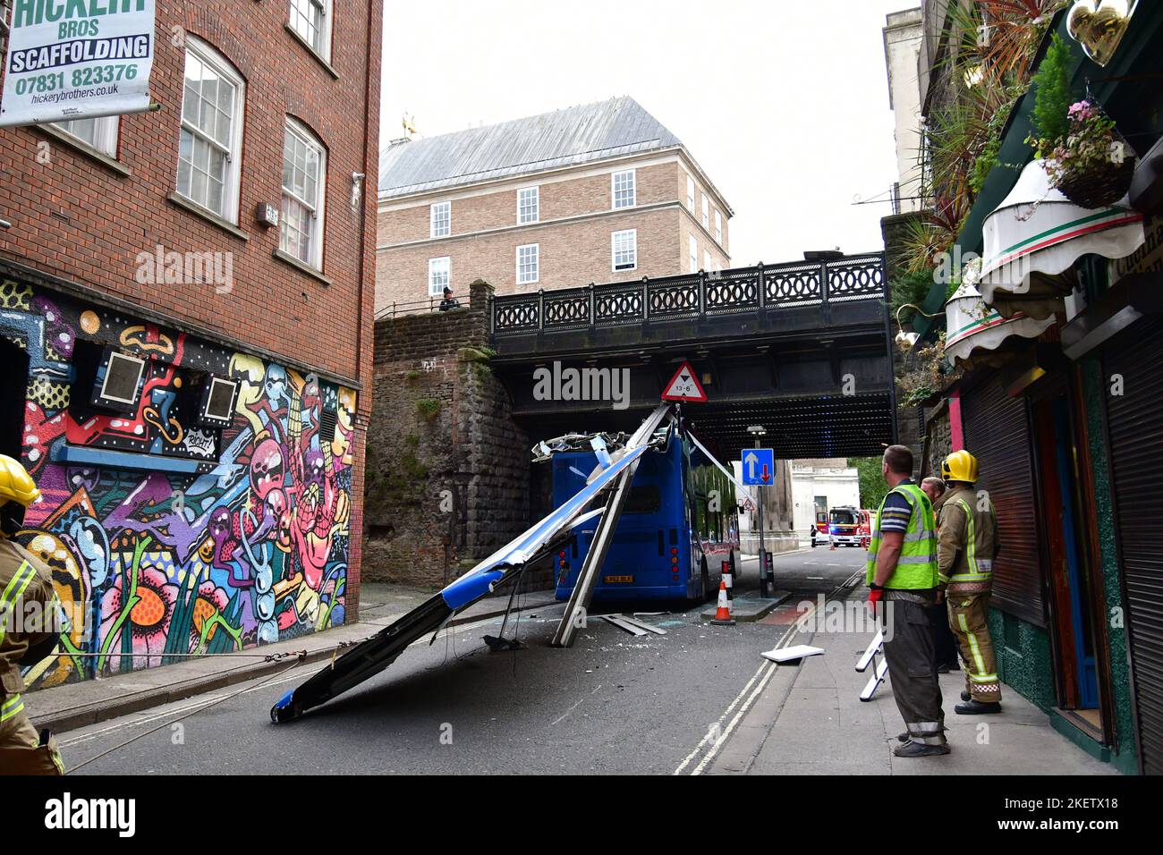 Bristol bus crashes into road bridge and emergency crew attend. Picture Credit Robert Timoney/Stock image Stock Photo