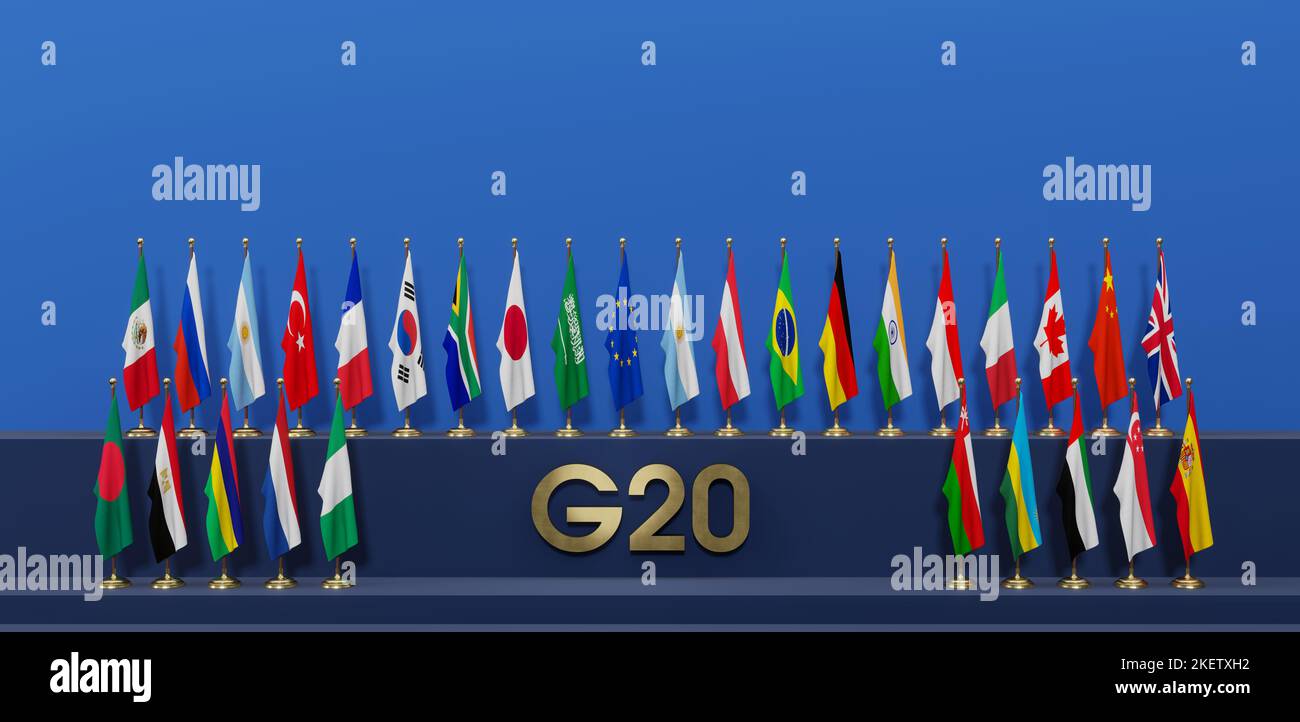 Flags G20 membership with Invited guests, Concept of the G20 summit or