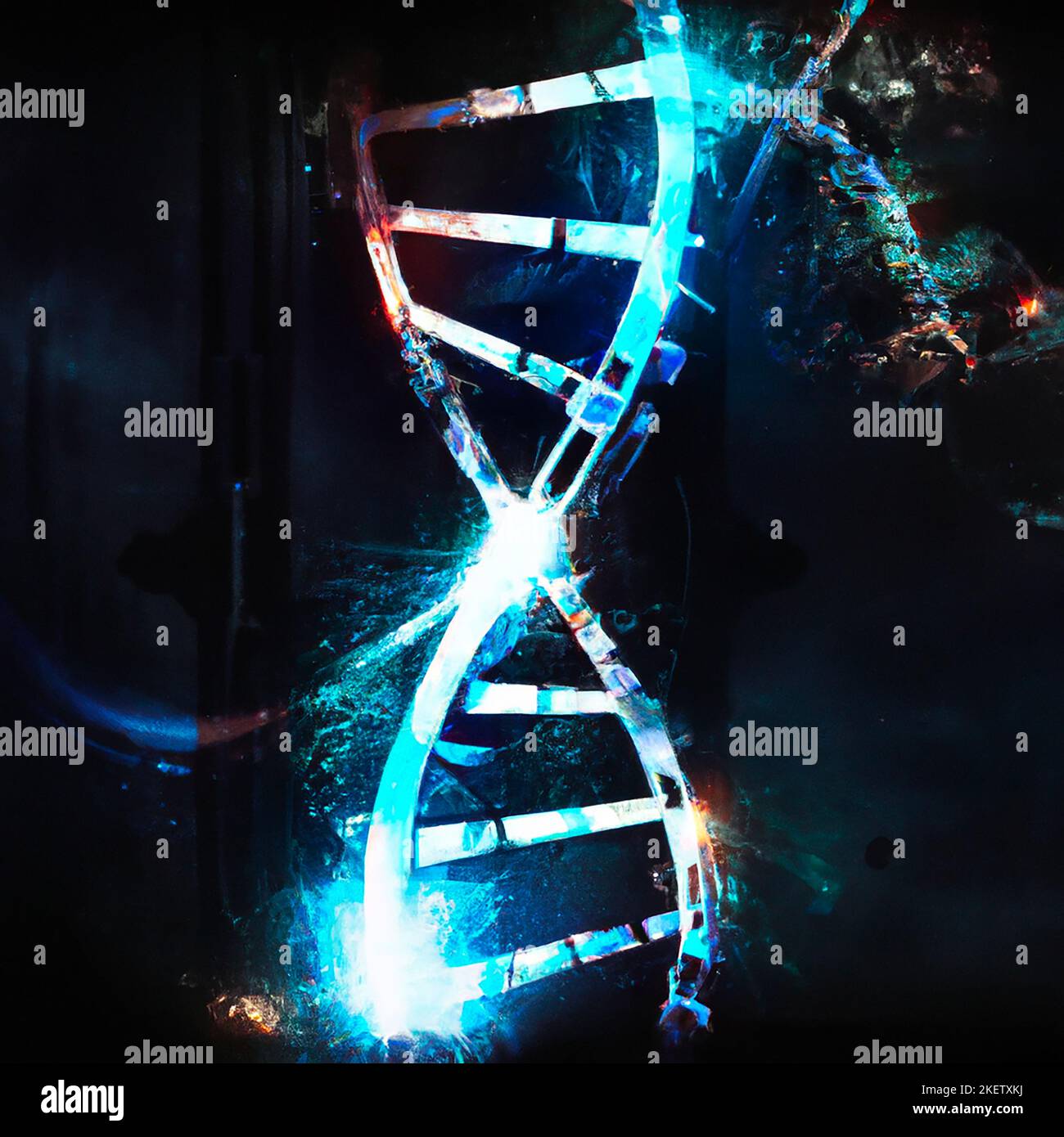 DNA helix, Deoxyribonucleic acid is a thread-like chain of nucleotides carrying the genetic instructions used in the growth. Cyberpunk, futuristic Stock Photo