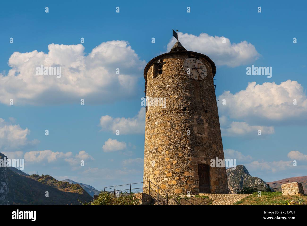 Clock tower of Tarascon sur Ariège, in Ariège, in Occitanie, France Stock Photo