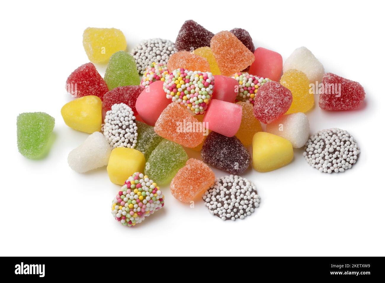 Heap of colorful tum tum, fruit gum mix close up isolated on white background Stock Photo