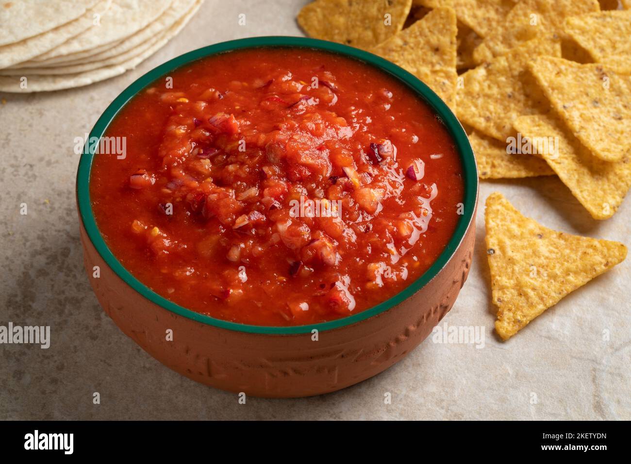 Mexican bowl with fresh made salsa close up with tortillas and chips for a meal Stock Photo