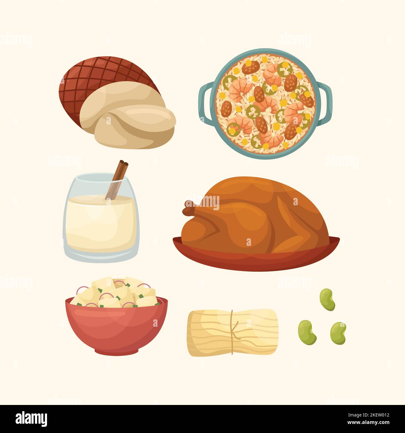 Vector set of illustrations of American dishes. Kitchen for New Year and Christmas. Flat style. Stock Vector