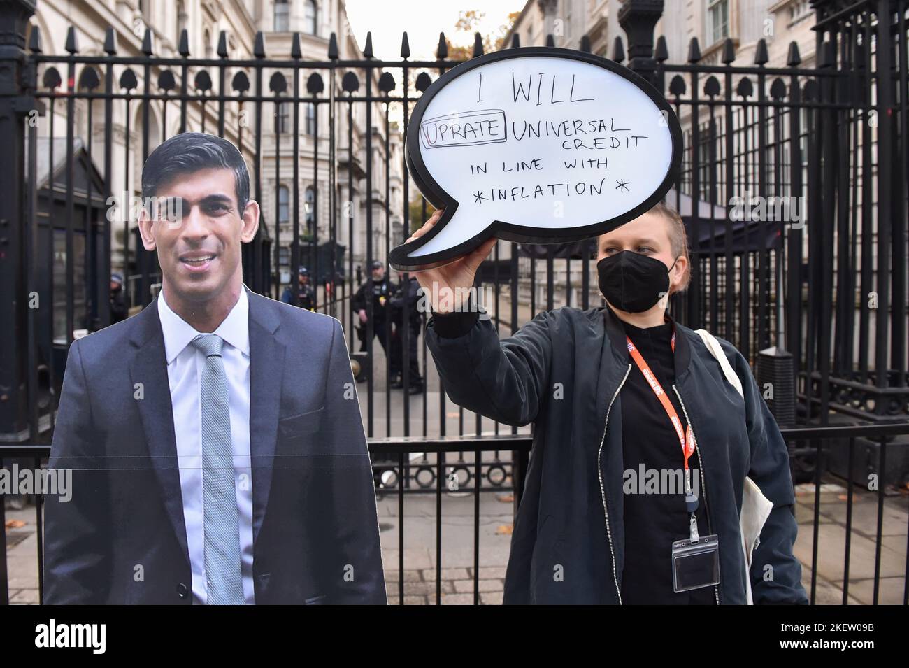 London, UK, 14th Nov 2022. Campaigning Organisation 38 Degrees staged a protest opposite Downing Street putting pressure on PM Rishi Sunak to boost Universal Credit, as cost of living crisis is hitting families in the UK. Credit: Thomas Krych/Alamy Live News Stock Photo