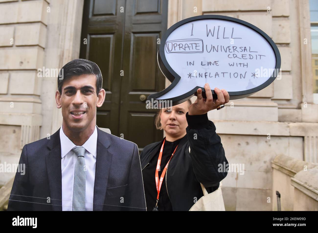 London, UK, 14th Nov 2022. Campaigning Organisation 38 Degrees staged a protest opposite Downing Street putting pressure on PM Rishi Sunak to boost Universal Credit, as cost of living crisis is hitting families in the UK. Credit: Thomas Krych/17�Թ����� Live News Stock Photo