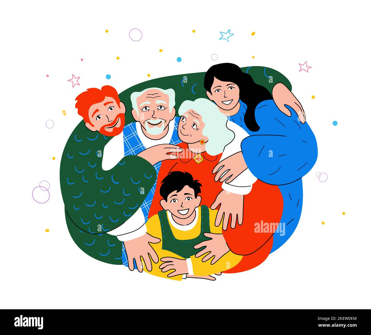 Joyful European family hugging, doodle comic image Stock Vector