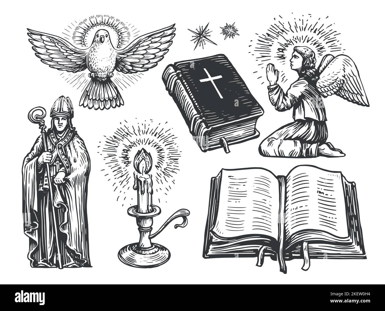 Praying angel with wings, Holy Bible book, Lit candle, Flying dove