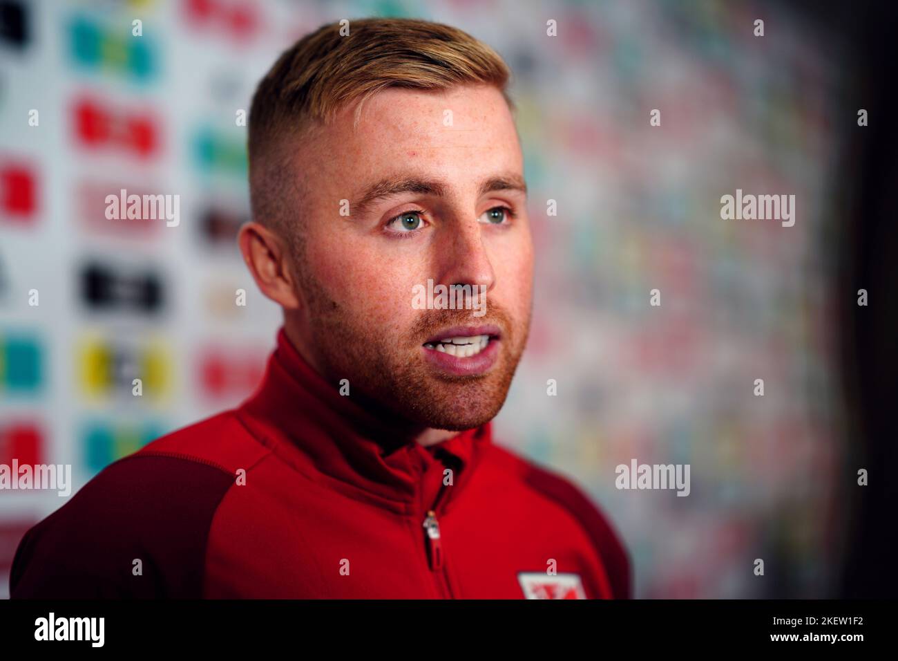 Wales' Joe Morrell is interviewed during a media session at the Vale Resort, Hensol. Picture date: Monday November 14, 2022. Stock Photo