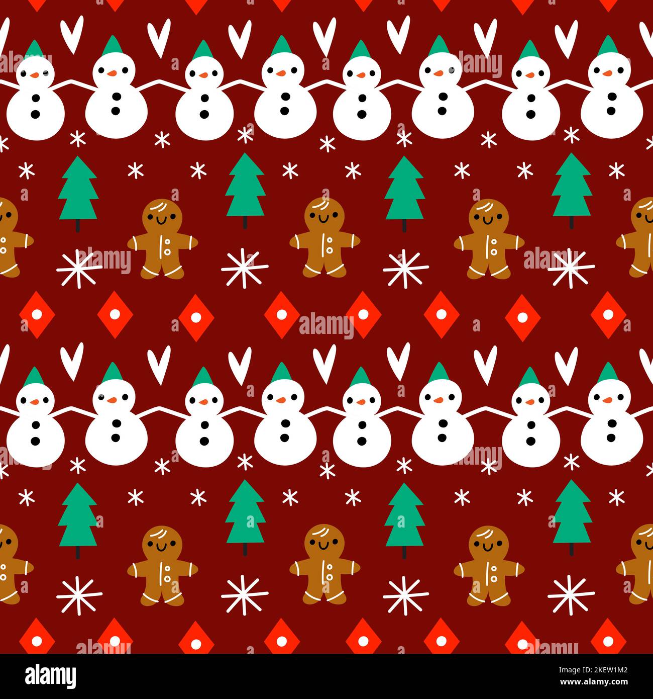 Ugly sweaters seamless pattern. Knitted holiday ornaments with snowmen and snowflakes. Christmas fir trees and traditional ginger men. Xmas textile Stock Vector