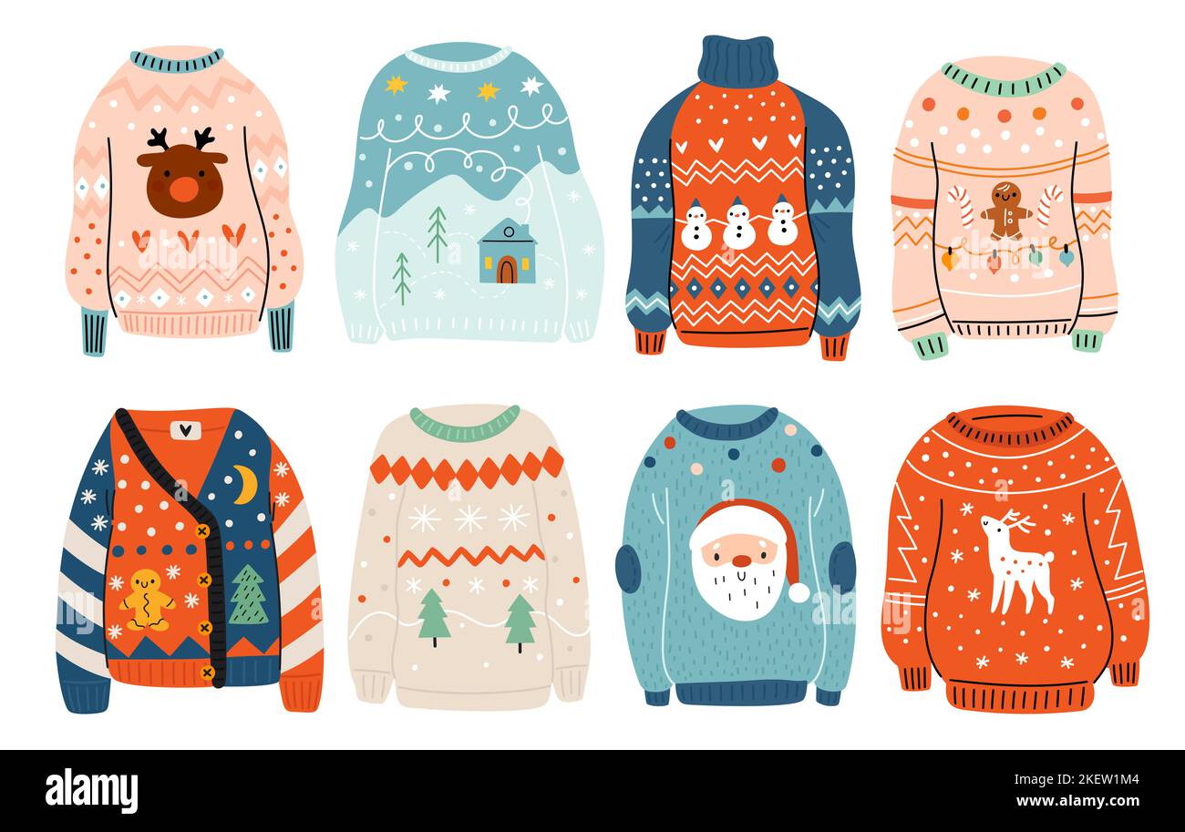 Ugly sweaters. Cute Christmas knitted clothes with holiday patterns and decorations. Warm wear. Xmas colorful garment. Jerseys with traditional prints Stock Vector