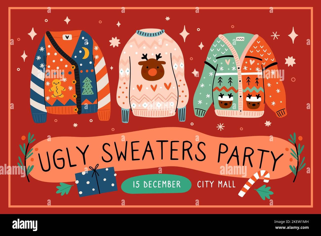 Ugly sweaters party. Handmade Christmas knitted cozy clothes. Traditional holiday pullovers. Patterned wears. Invitation card cartoon design. Xmas Stock Vector