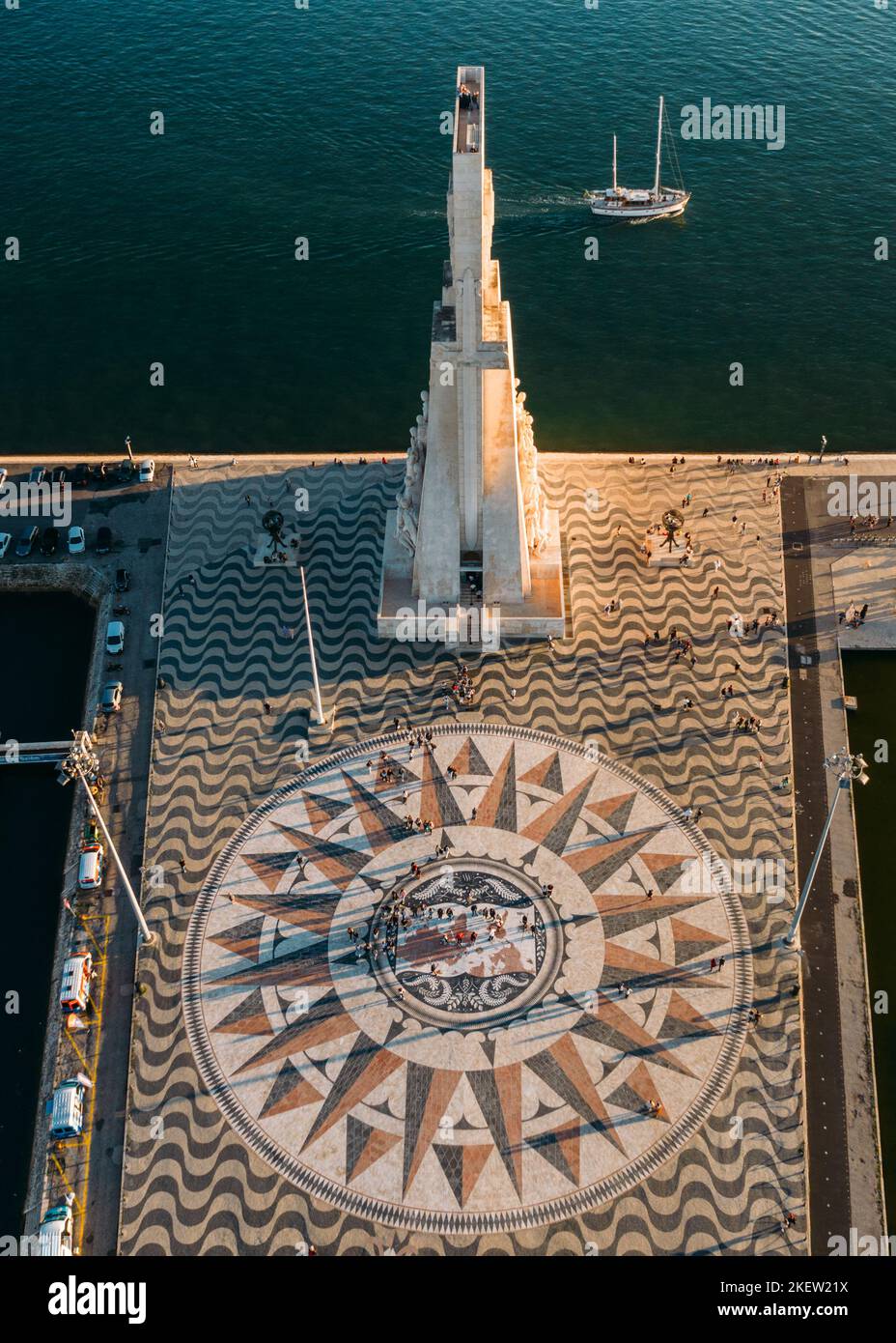 Aerial view of Padrao dos Descobrimentos, a concrete monument to maritime explorers with a small pier along Tagus River in Lisbon, P ortugal Stock Photo