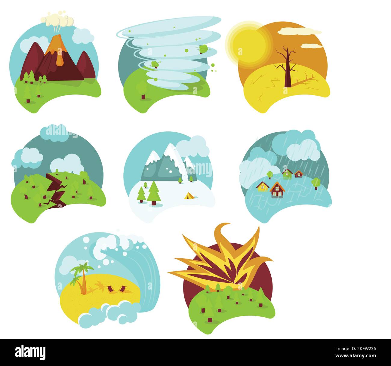 Natural disaster dangerous catastrophe icon set, vector flat isolated illustration. Volcano eruption, hurricane, drought, earthquake, flood, tsunami, Stock Vector