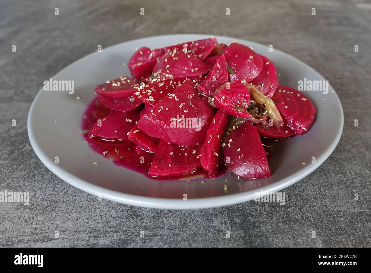 Beetroot boiled vegetable salad with vinegar olive oil and oregano. Appetizer side dish. Stock Photo