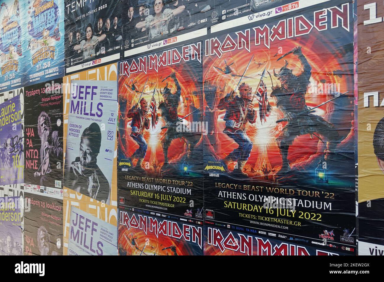 Athens, Greece - July 11, 2022: Concert posters street adverts for live music events. Stock Photo
