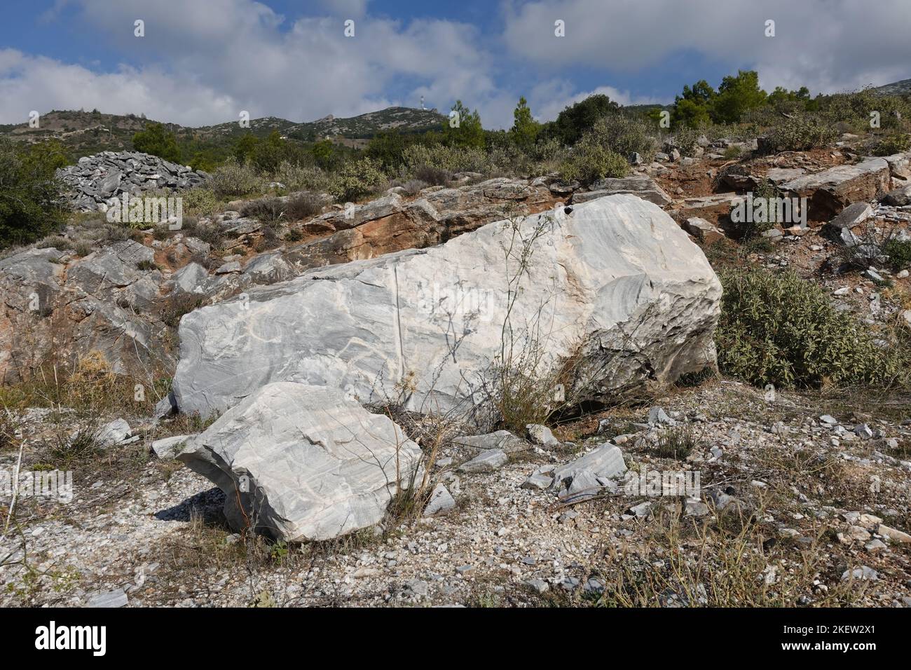 Marble rocks close to an old quarry. Penteli mountain, Athens Greece. Stock Photo