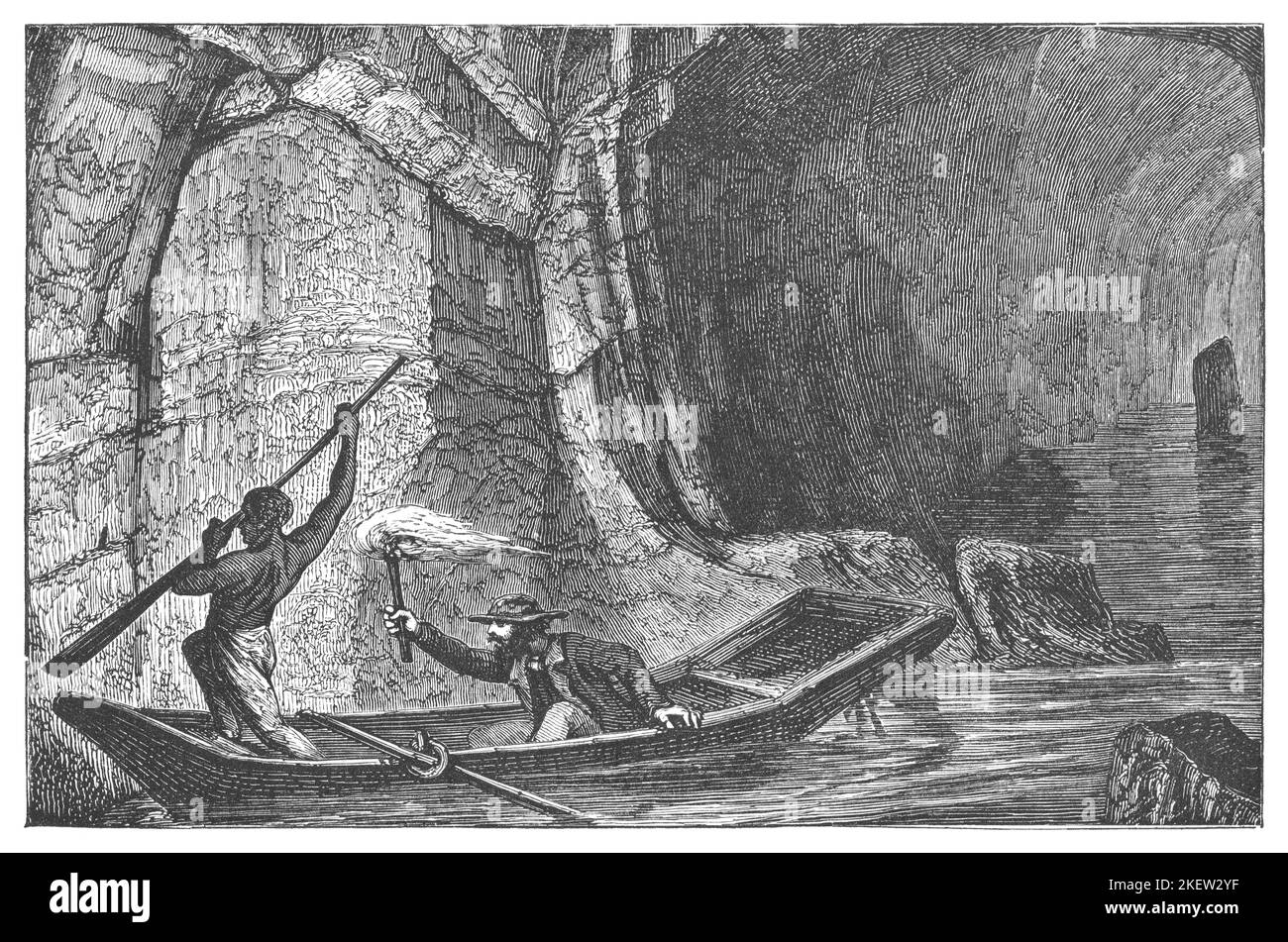 Two men in rowing boat explore the river in the Mammoth Cave of Kentucky USA engraving from antique book Natures Wonders published in London UK, 1867. Stock Photo