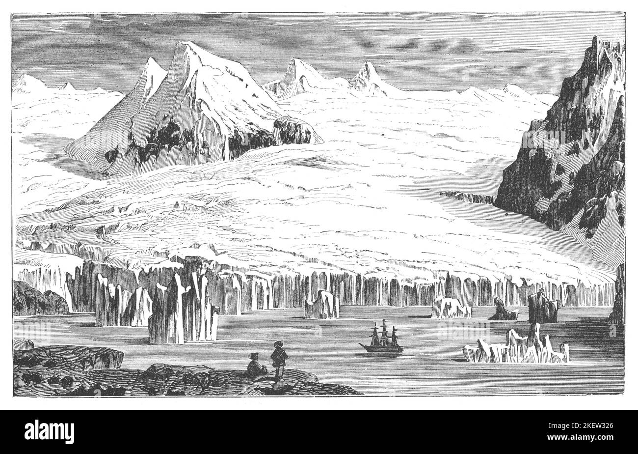 People looking at ship passing through icy waters at Spitsbergen Norway engraving from antique book Natures Wonders published in London UK, 1867. Stock Photo