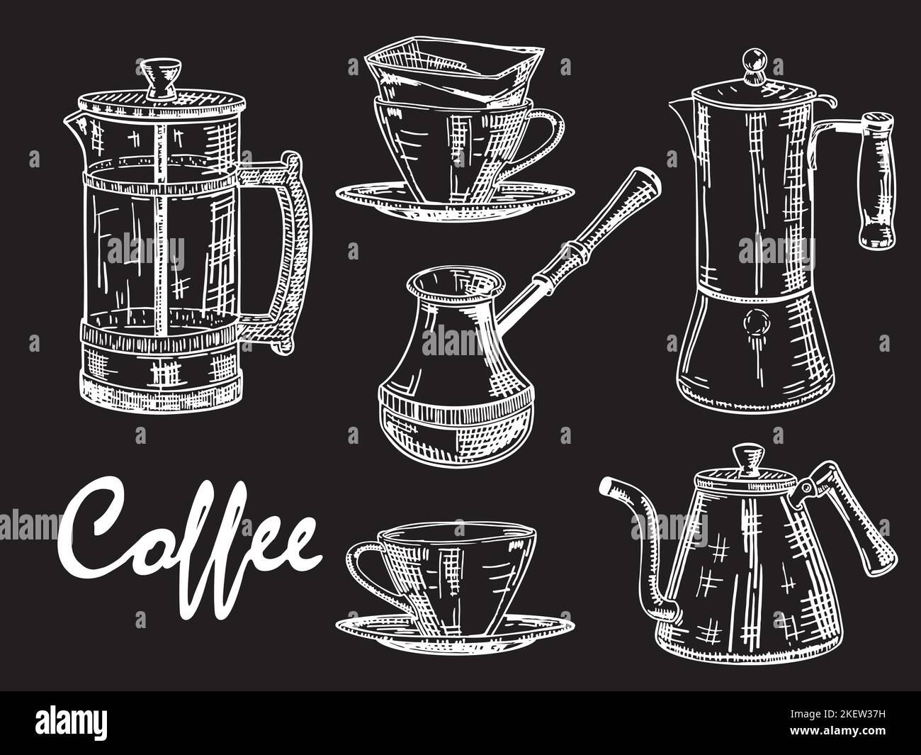 Coffee set, vector hand drawn illustration. Vintage white coffee mug ...