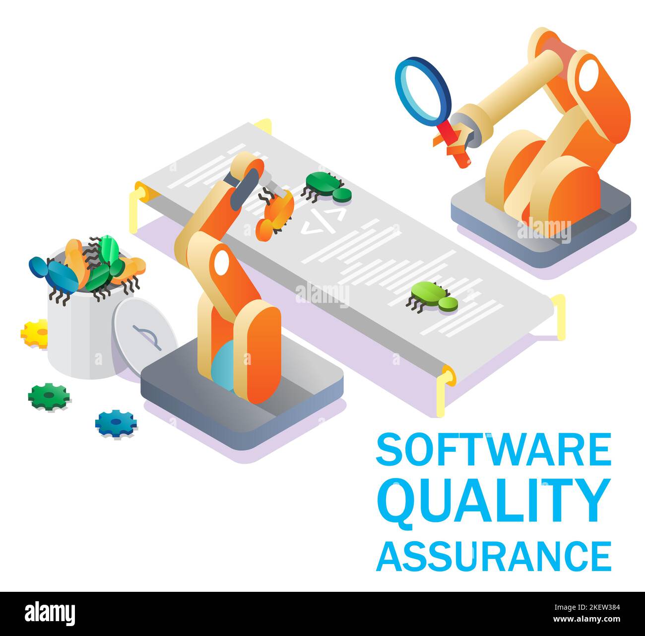 Software quality assurance, vector isometric illustration. SQA, automated code testing, debugging concept for web banner, website page etc. Stock Vector